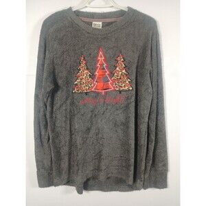Royce Brand Merry & Bright Christmas Sweater Medium Cheetah Plaid Pine Trees EUC